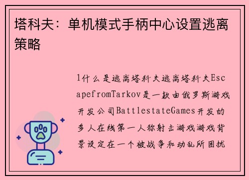 塔科夫：单机模式手柄中心设置逃离策略